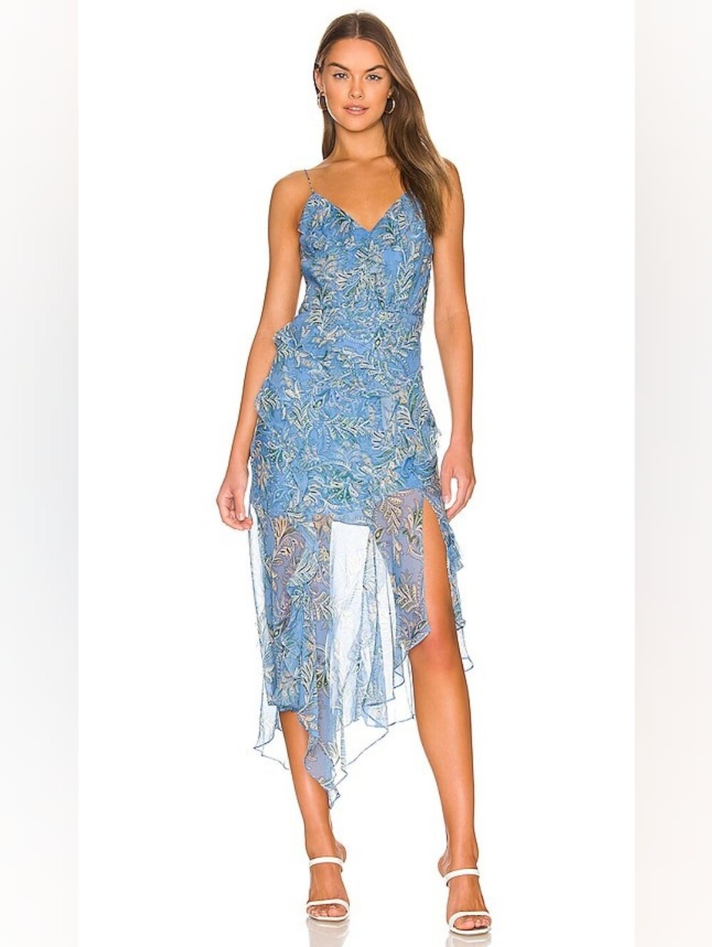 Veronica Beard Avenel Sillk Ruffle Blue Printed Slip Dress, Size 6